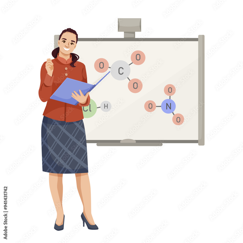 Female teacher explaining chemistry concepts on a whiteboard, with a book in hand. On a white background. Concept of education and learning. Vector illustration