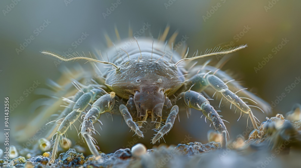 Magnified image of a dust mite, showcasing the detailed anatomy and microscopic features of this tiny arachnid. Magnified image of a dust mite, showcasing the detailed anatomy and microscopic features of this tiny arachnid.