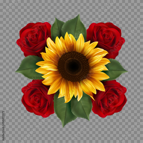 The floral composition with sunflower and four red roses. Beautiful festive bouquet. Summer decor for a holiday design.