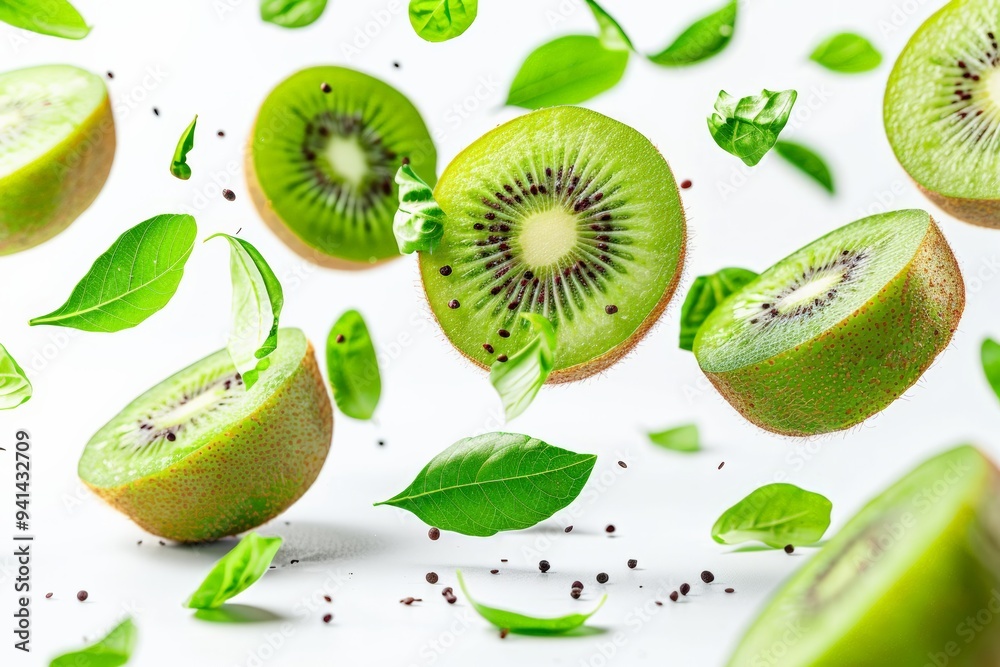 Fototapeta premium Sliced kiwis with green leaves floating in the air, capturing a vibrant and fresh visual.