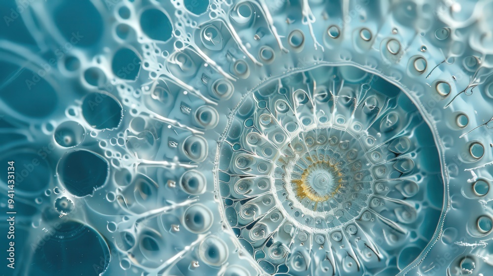Magnified view of a diatom, showcasing the intricate silica shell and unique patterns of this microscopic algae Magnified view of a diatom, showcasing the intricate silica shell and unique patterns of this microscopic algae