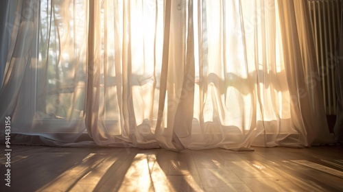 Sunlight Streaming Through Sheer Curtains in a Quiet Room with Soft Ambient Light photo