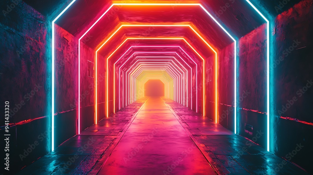 A neon tunnel, bathed in pink and blue light, invites you into a futuristic journey. A neon tunnel, bathed in pink and blue light, invites you into a futuristic journey.