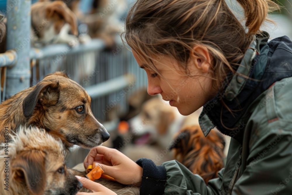 Woman feeding dogs at a shelter, showing care and compassion for animals. Woman feeding dogs at a shelter, showing care and compassion for animals.
