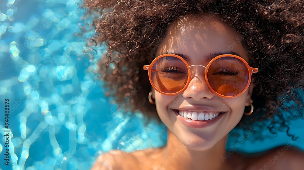 A happy woman relaxes in a swimming pool, sunglasses on, enjoying the warmth of the sun. A happy woman relaxes in a swimming pool, sunglasses on, enjoying the warmth of the sun.