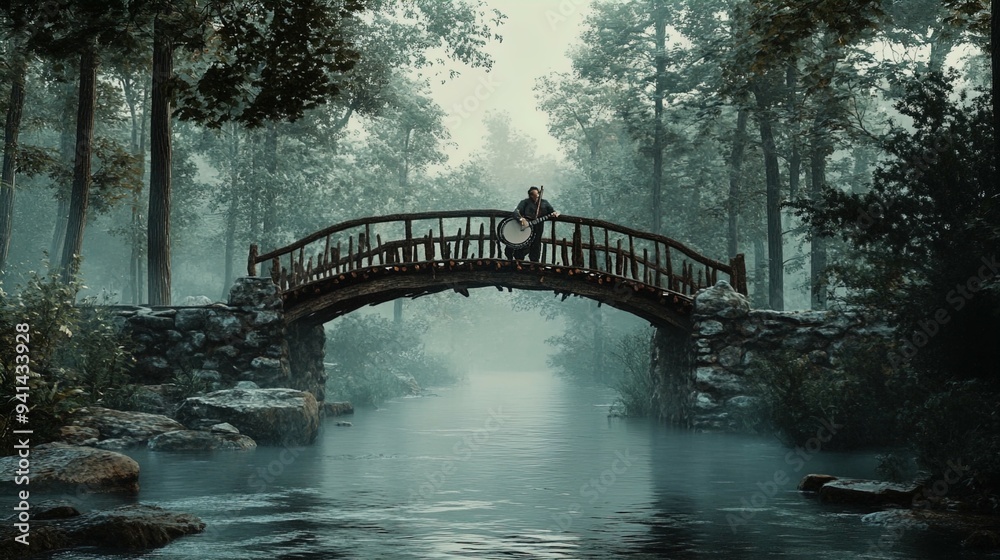 A serene and misty forest scene features a rustic wooden bridge arching ...