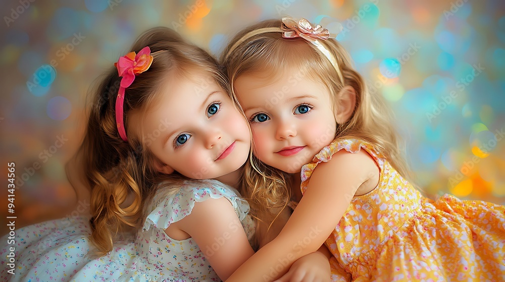 Two adorable little girls with blonde hair and blue eyes are hugging and smiling. They are both wearing floral dresses and headbands. The background is blurred and has a colorful bokeh effect. Two adorable little girls with blonde hair and blue eyes are hugging and smiling. They are both wearing floral dresses and headbands. The background is blurred and has a colorful bokeh effect.