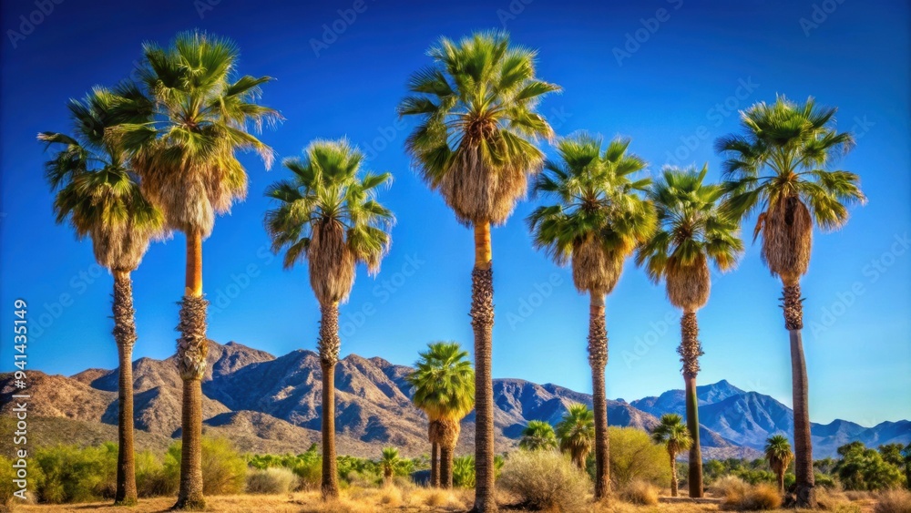 Desert palm trees stand tall against a clear blue sky in Tucson, Arizona, palm trees, desert, Arizona, Tucson, sunny Desert palm trees stand tall against a clear blue sky in Tucson, Arizona, palm trees, desert, Arizona, Tucson, sunny