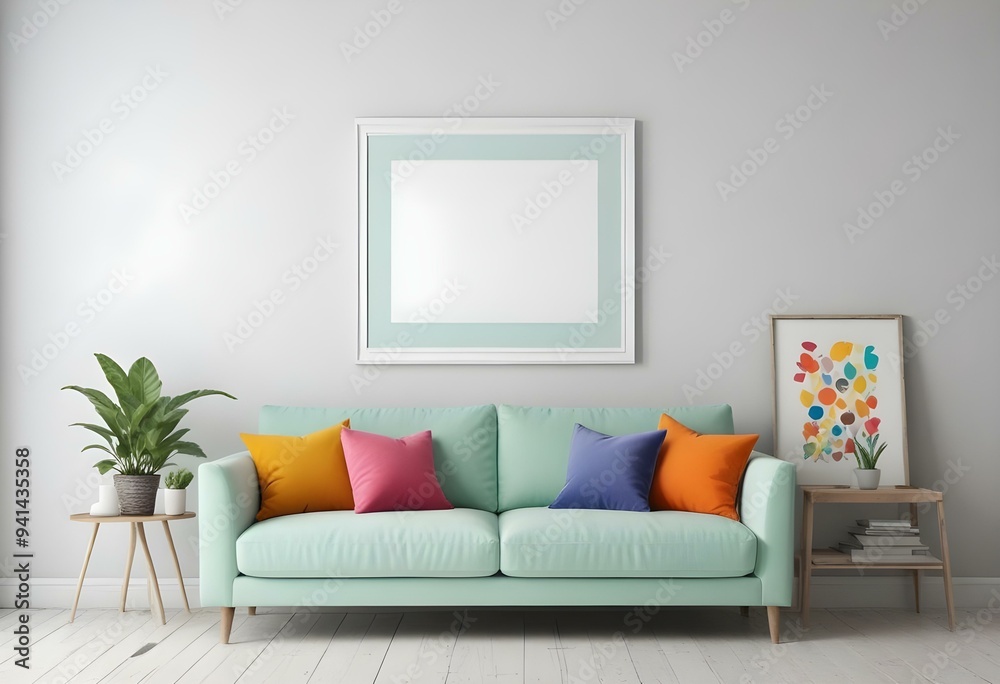 A modern living room with a mint green sofa, colorful throw pillows, and a blank white frame on the wall. A modern living room with a mint green sofa, colorful throw pillows, and a blank white frame on the wall.