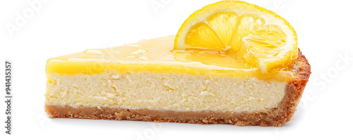 Slice lemon cheesecake isolated on white background