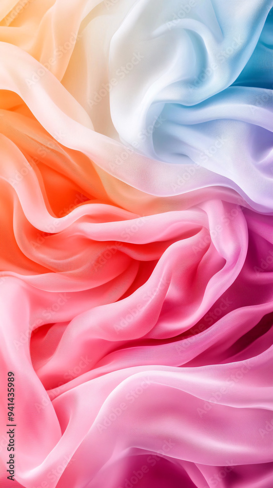 Fototapeta premium A colorful piece of fabric with a pink, orange, and blue stripe. The colors are vibrant and the fabric appears to be flowing
