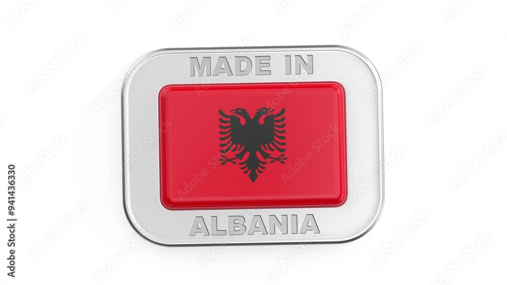 Made in Albania, silver badge with the flag of Albania
