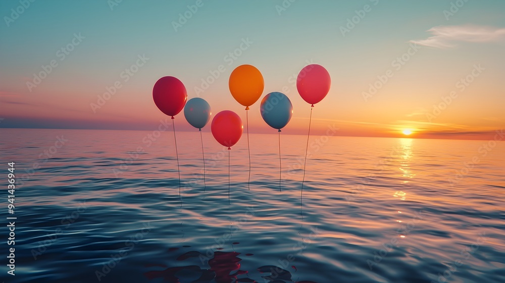 Fototapeta premium Colorful Balloons Floating on a Serene Lake at Sunset