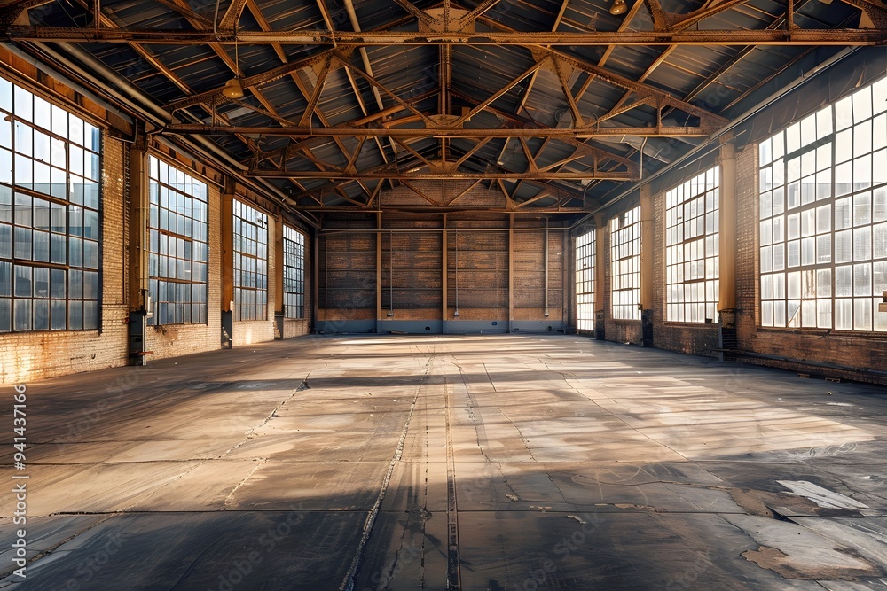 Expansive Industrial Warehouse with Sunlight Streaming Through Large Windows Expansive Industrial Warehouse with Sunlight Streaming Through Large Windows