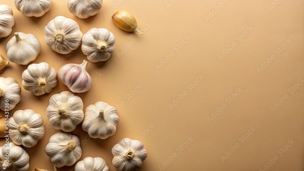 Creative flat lay layout of garlic on beige background for food concept, garlic, creative, layout, flat lay, beige background Creative flat lay layout of garlic on beige background for food concept, garlic, creative, layout, flat lay, beige background
