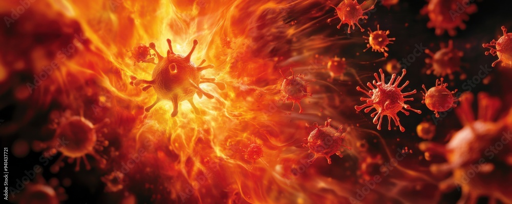 Abstract representation of a virus outbreak with fiery colors and chaotic movement, symbolizing disease and infection spread. Abstract representation of a virus outbreak with fiery colors and chaotic movement, symbolizing disease and infection spread.