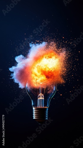 An explosive burst emanates from a light bulb, symbolizing innovative ideas and creativity in a visually stunning display.