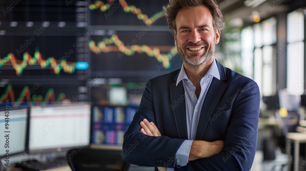 A man in a suit is standing in front of a wall of monitors displaying financial data. He is smiling and he is confident and in control A man in a suit is standing in front of a wall of monitors displaying financial data. He is smiling and he is confident and in control
