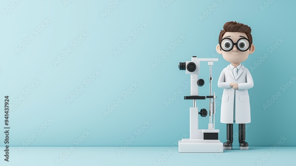Creative cartoon doctor stands beside an eye examination machine ...