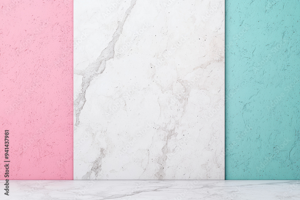 Fototapeta premium Abstract textured wall with pastel pink, white marble, and turquoise panels. Ideal for backgrounds, design inspiration, and creative projects.