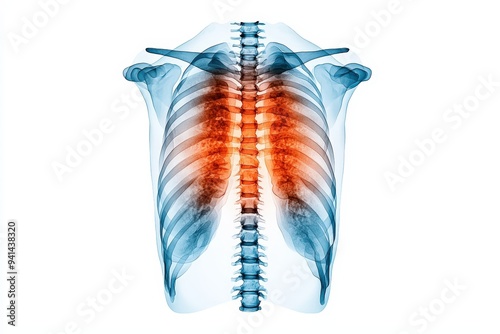 Detailed anatomical illustration of human torso highlighting the ribcage and lungs in vibrant colors for educational purposes. photo