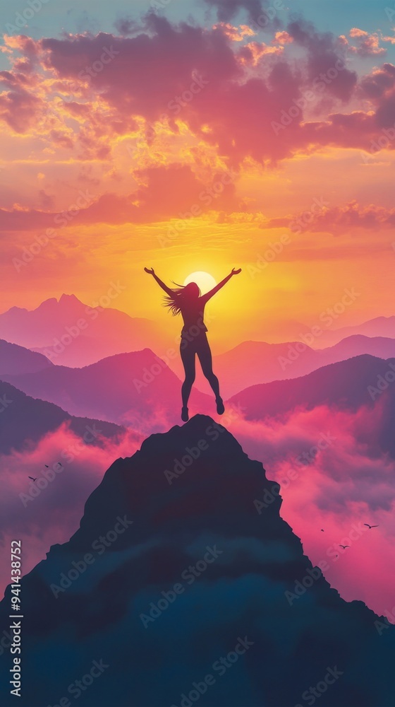 Triumphant Woman Embracing Success: Silhouette Leaps Atop Mountain Peak at Sunrise, Symbolizing Achievement, Empowerment, and New Beginnings. Inspirational Concept for Personal Growth, Overcoming Chal Triumphant Woman Embracing Success: Silhouette Leaps Atop Mountain Peak at Sunrise, Symbolizing Achievement, Empowerment, and New Beginnings. Inspirational Concept for Personal Growth, Overcoming Chal