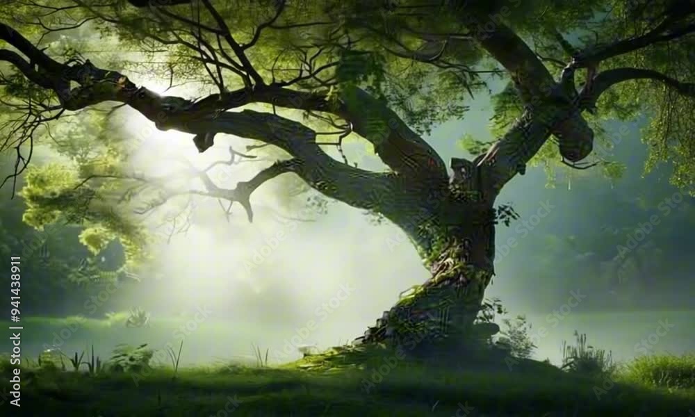 Mystical ancient tree in misty enchanted forest against ethereal background Mystical ancient tree in misty enchanted forest against ethereal background