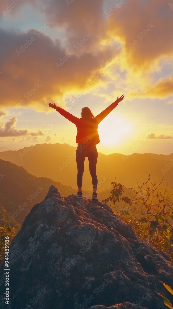 Triumphant Woman Embracing Success: Silhouette Leaps Atop Mountain Peak at Sunrise, Symbolizing Achievement, Empowerment, and New Beginnings. Inspirational Concept for Personal Growth, Overcoming Chal Triumphant Woman Embracing Success: Silhouette Leaps Atop Mountain Peak at Sunrise, Symbolizing Achievement, Empowerment, and New Beginnings. Inspirational Concept for Personal Growth, Overcoming Chal