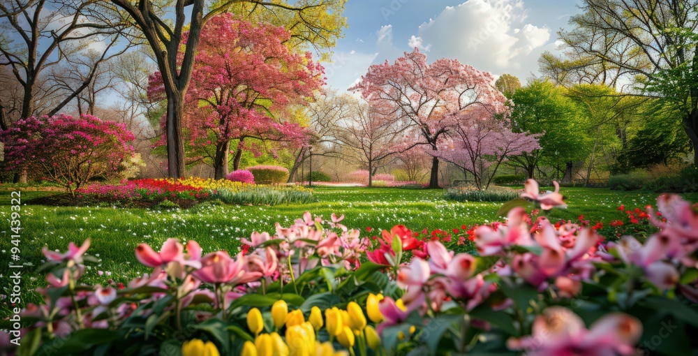 Scenic shot of a spring landscape with blooming dogwood trees and colorful flower beds,