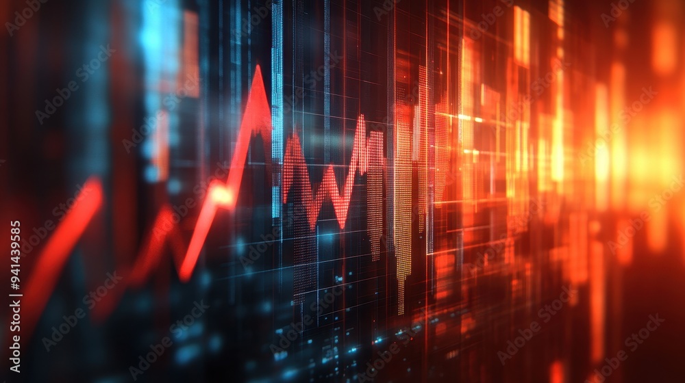 Dynamic Financial Data Visualization with Red and Blue Graphs on Digital Screen