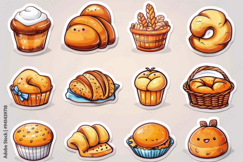 Set of kawaii-style bread and pastry characters with cheerful faces, perfect for a fun and playful bakery-themed illustration. Set of kawaii-style bread and pastry characters with cheerful faces, perfect for a fun and playful bakery-themed illustration.