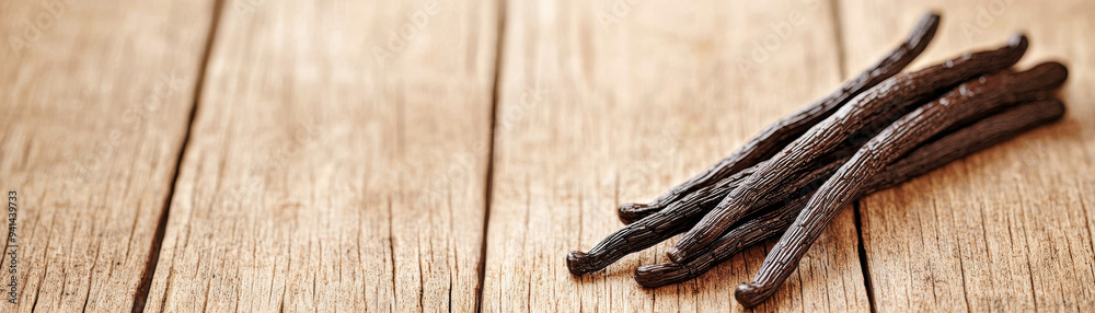 A close-up of aromatic vanilla beans on a wooden surface. The rich, dark pods are full of flavorful seeds, perfect for cooking and baking.