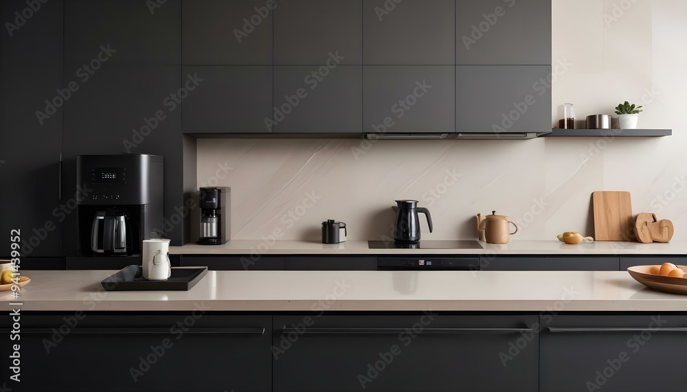 Fototapeta premium A modern kitchen with a sleek, minimalist design. The countertop is made of a light-colored material.