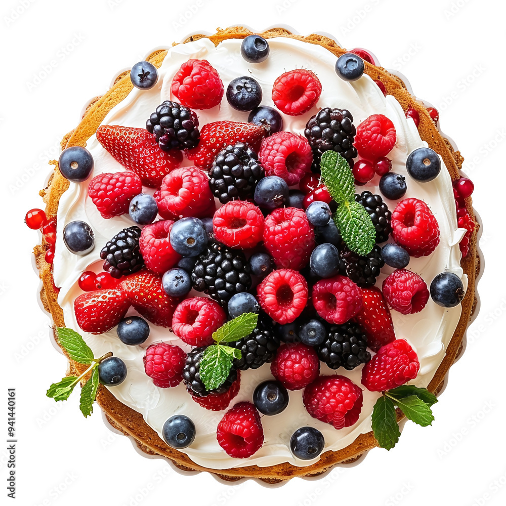 Obraz premium Top view of cream cake with berries on transparent background PNG