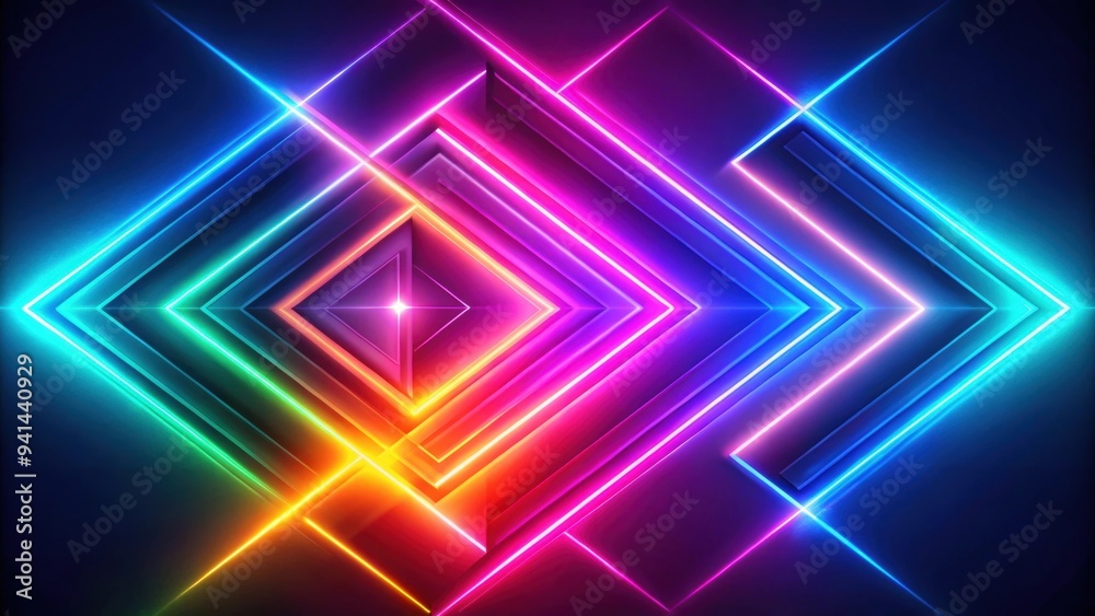 Fototapeta premium Abstract neon background with arrows pointing right direction, render, futuristic, panoramic, vibrant, glowing, red