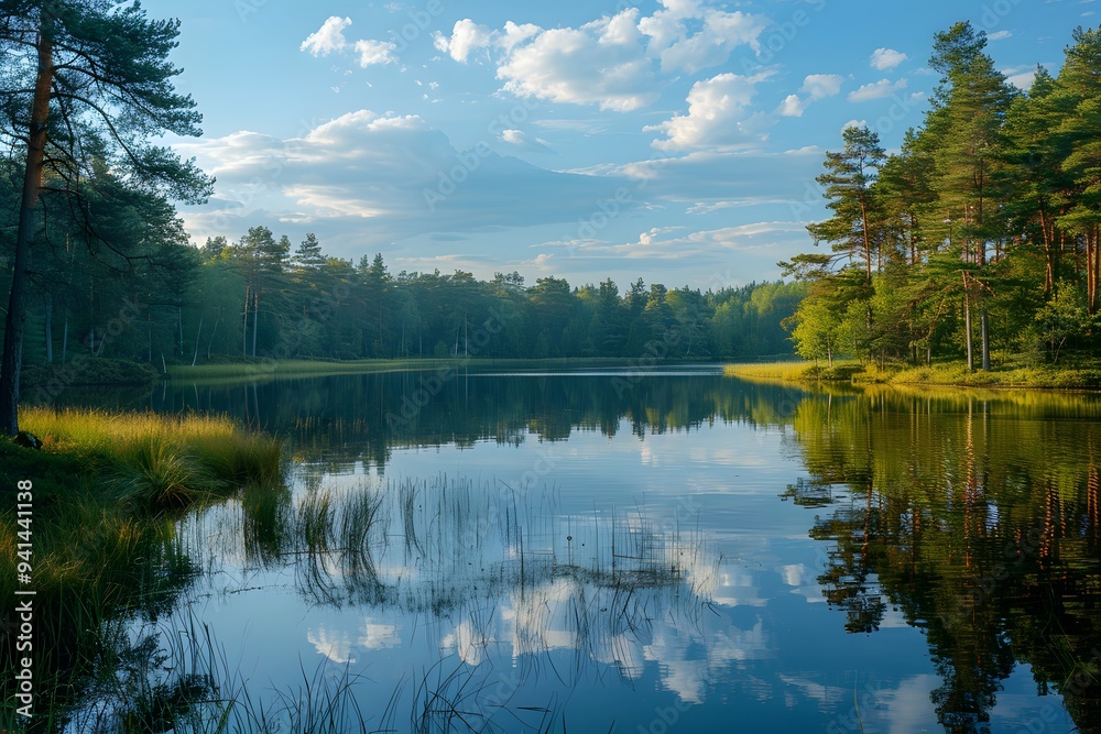 Obraz premium Serene Lakeside View with Reflections of Trees and Sky