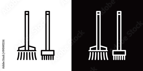 モップとデッキブラシのシンプルなラインアイコン