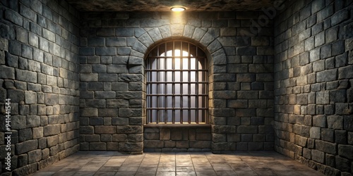 Dark and eerie medieval dungeon cell with a single barred window , medieval, dungeon, cell, dark, damp, stone, wall