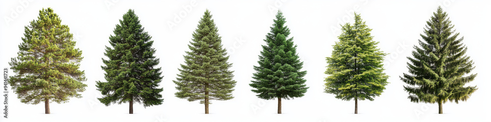 Fototapeta premium Set of different tree species, showcasing their unique shapes and foliage, isolated against a white background.