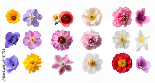 A diverse collection of colorful flowers, including sunflowers, roses, daisies, and orchids, neatly arranged in three rows on a white background. 