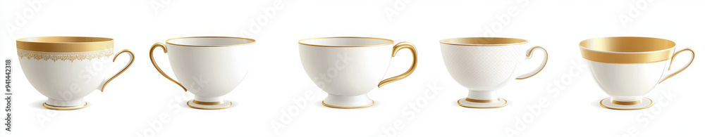 A set of luxurious teacups with intricate gold patterns and matching saucers, arranged in a row on a white background.
A set of luxurious teacups with intricate gold patterns and matching saucers, arranged in a row on a white background.