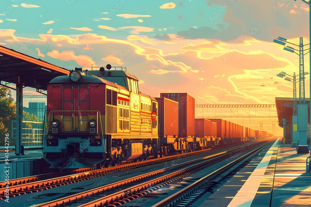 Fototapeta premium Vibrant Sunset at a Train Station with Freight Train and Cargo Containers