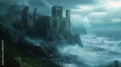 A dramatic scene featuring a haunting, dilapidated stone castle perched precariously on rugged cliffs facing a turbulent, stormy ocean. The castle's tall, Gothic-style windows and crumbling facades ev