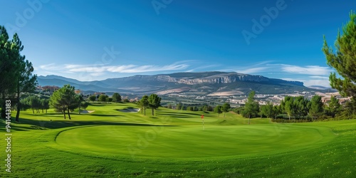 Golf course green surrounded by trees with mountain range background