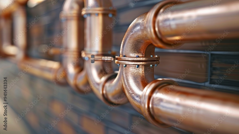 Fototapeta premium Copper pipes against a dark brick wall, varying thicknesses connected by couplings with screws. Depth of field blurs background, shiny surface reflects light, adding texture.