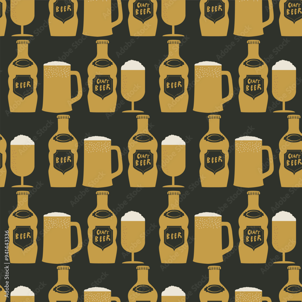 Beer bottle and frothy beer glass seamless vector pattern background. Hand-drawn alcoholic drinks bottles and mugs geometric backdrop. Retro lettering style in black amber gold for bar, business Beer bottle and frothy beer glass seamless vector pattern background. Hand-drawn alcoholic drinks bottles and mugs geometric backdrop. Retro lettering style in black amber gold for bar, business