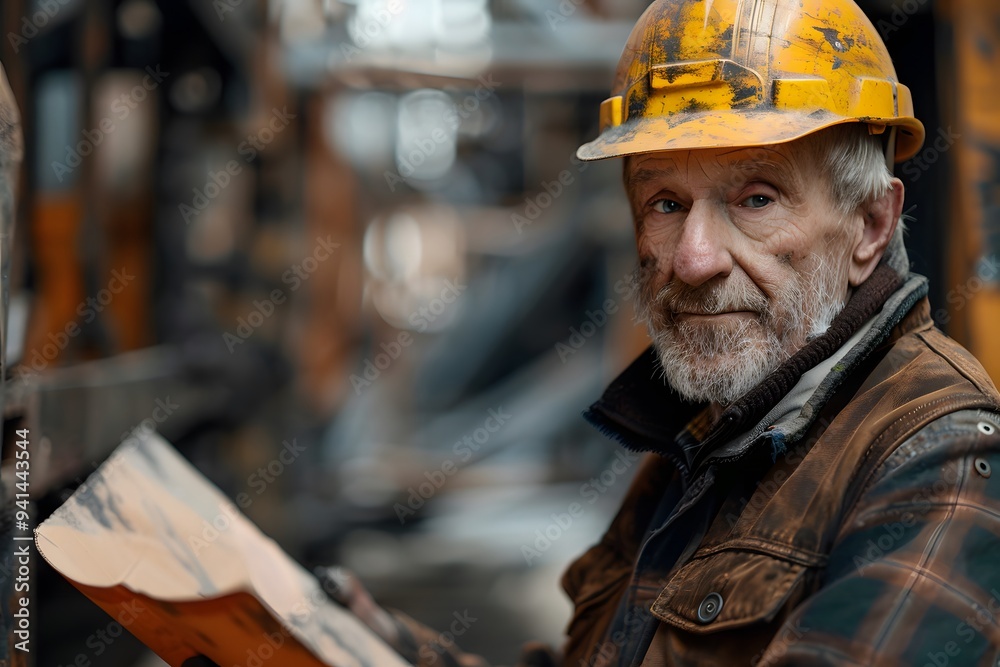 Experienced Worker in a Hard Hat Examining Plans on a Construction Site Experienced Worker in a Hard Hat Examining Plans on a Construction Site