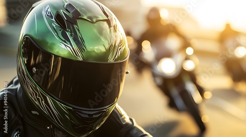 Bold green helmet with tribal designs, matte texture, focus on helmet, blurred background of motorbikes in mid-jump, midday sun, wild and thrilling mood photo