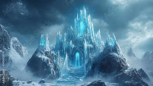 Ice throne with a winter snowy landscape.