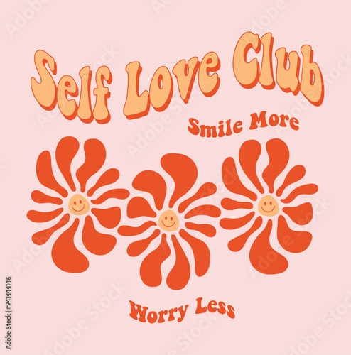 Retro Happy Flower Vector Art Illustration. Vintage Slogan T shirt Print Design.